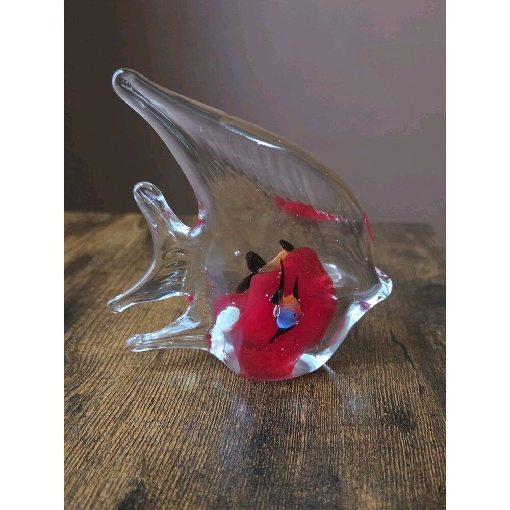 Art Glass Angel Fish Inside Fish Small Red Paperweight Figurine Murano Style